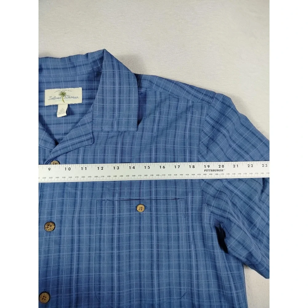 Island Shores Camp Shirt Mens Large Blue Check Short Sleeve Casual Summer